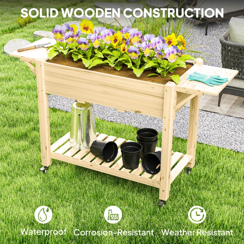 Outsunny Raised Garden Bed, Wood Planter Box with Lockable Wheels, Side Tables, Bottom Shelf, Bed Liner, Drain Holes, Natural