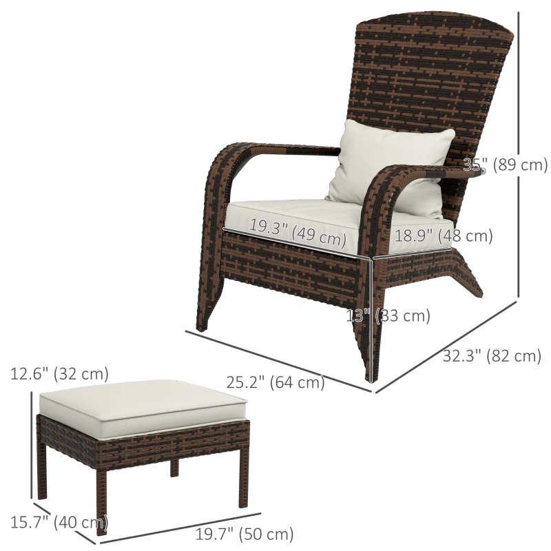Outsunny Wicker Adirondack Chair with Ottoman, Patio Cushioned Muskoka Chair with Armrests Brown/Cream White