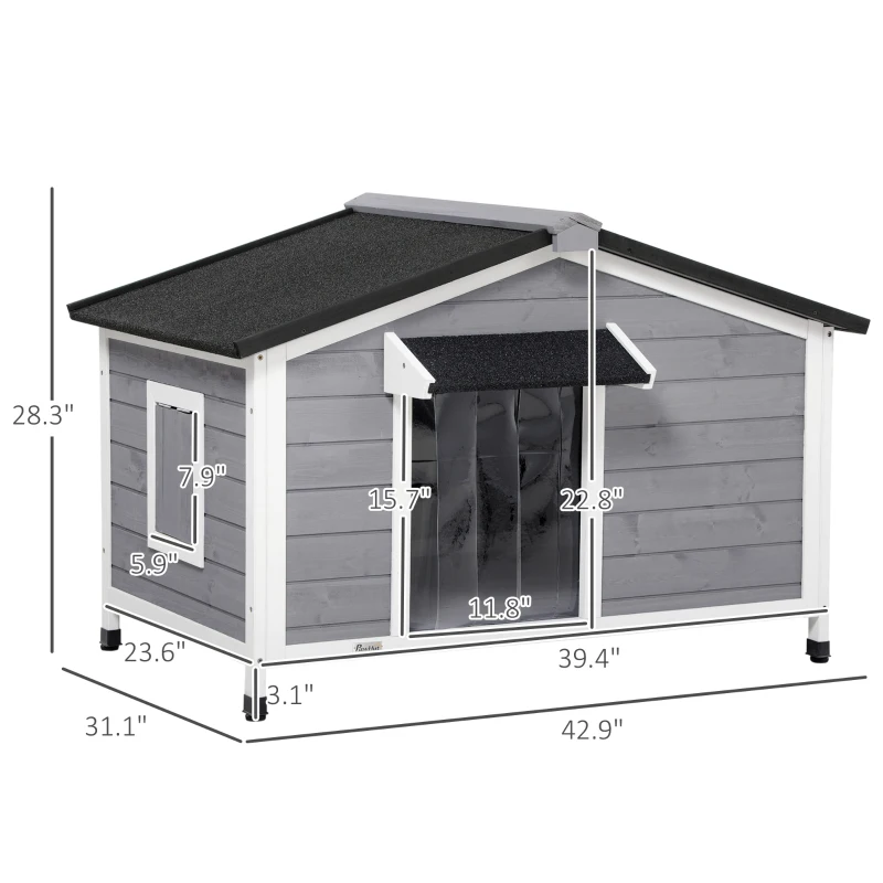 PawHut Wooden Cabin Style Outdoor Dog House with Openable Roof, Removable Bottom, Windows, Curtain, Foot Covers, Gray