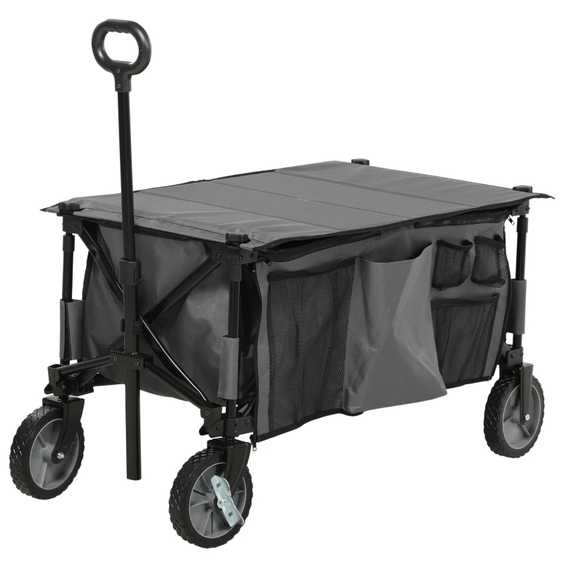 Outsunny Folding Garden Wagon, Collapsible Wagon, Cart with Wheels, Steel Frame and Oxford Fabric, Dark Grey