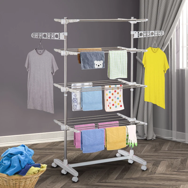 HOMCOM Garment Drying Rack Stainless Steel Folding Clothes Hanging Rack with Side Wings Castors for Indoor Outdoor White