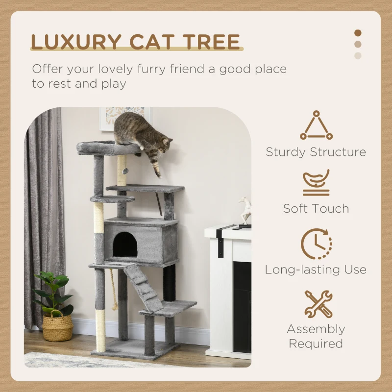 PawHut Cat Tree for Large Cats Adult, 58" Tall Cat Tree with Scratching Posts, Large Cat Tower for Indoor Cats with Bed, House, Toys, Grey