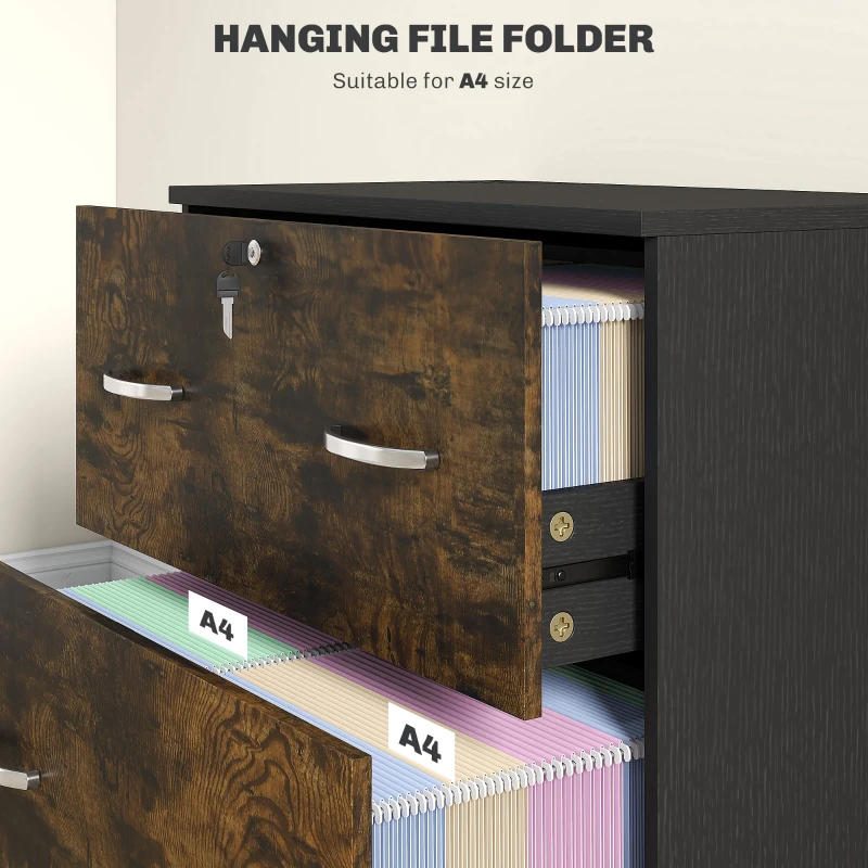 Vinsetto 2 Drawer File Cabinet with Lock, Office Filing Cabinet, Hanging Bar for Letter Size, Home Office, Rustic Brown