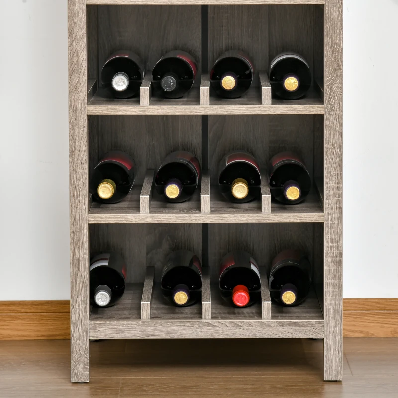 HOMCOM Tall Wine Cabinet, Bar Display Cupboard with 12-Bottle Wine Rack, Glass Door and 3 Storage Compartment for Living Room, Home Bar, Dining Room, Grey Oak