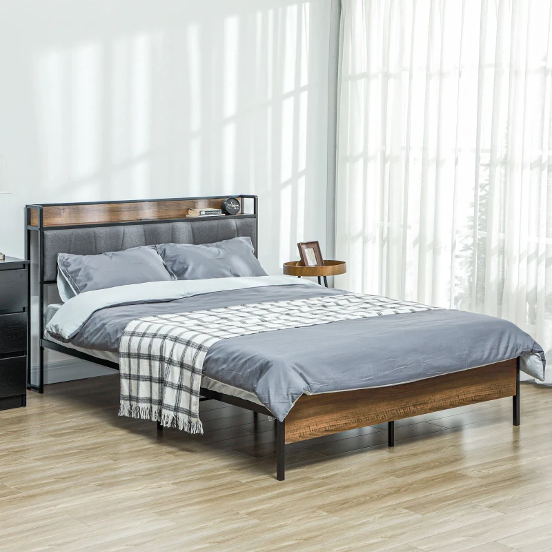 HOMCOM Full Size Bed Frame with Charging Station, Full Bed Frame with Upholstered Headboard and Storage Shelf, Walnut