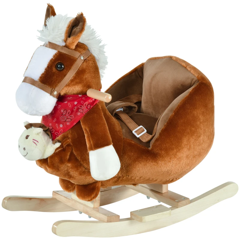Qaba Baby Rocking Horse, Plush Animal Rocker for Toddlers Aged 18-36 Months, Stuffed Ride Toy with Hand Puppet, Sounds, Seat Belt, Brown