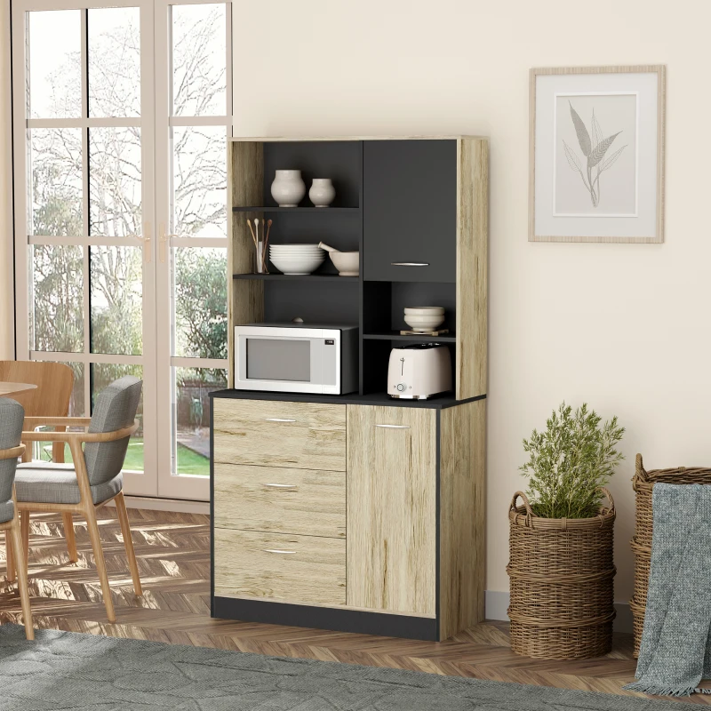 HOMCOM 67" Freestanding Buffet with Hutch, Kitchen Pantry Storage Cabinet with 3 Drawers, Cable Management, 4 Cubes, 2 Cabinets, Oak