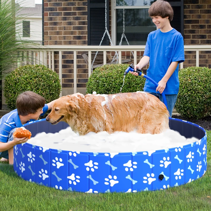 PawHut Folding Dog Pool Portable Pet Kiddie Swimming Pool, Outdoor/Indoor Puppy Bath Tub with Nonslip Bottom for Dogs & Cats,  (Φ63", Blue)