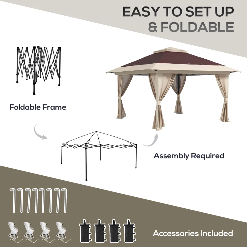 Outsunny 13' x 13' Pop Up Gazebo Instant Canopy Tent Shelter with 2-Tier Roof, Carry Bag, Wight Bags for Outdoor, Garden, Brown