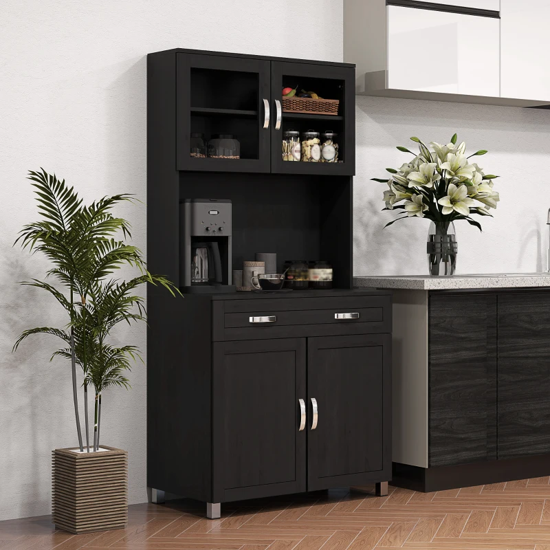 HOMCOM 67" Buffet with Hutch, Modern Kitchen Pantry, Freestanding Cabinet with Glass Doors, Shelves and Drawers, Black