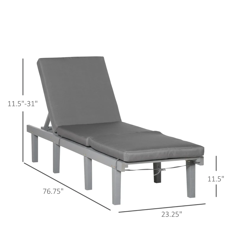 Outsunny Chaise Lounge Chair for Outdoor, Wood Outdoor Chaise Lounge with 4-Position Adjustable Backrest and Cushion, Reclining Beach Lounge Chair for Deck, Pool, Lawn and Sunbathing, Gray
