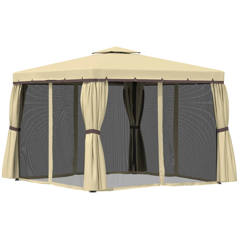 Outsunny 10' x 10' Patio Gazebo, Aluminum Frame Double Roof Outdoor Gazebo Canopy Shelter with Netting & Curtains, for Garden, Lawn, Backyard and Deck, Beige