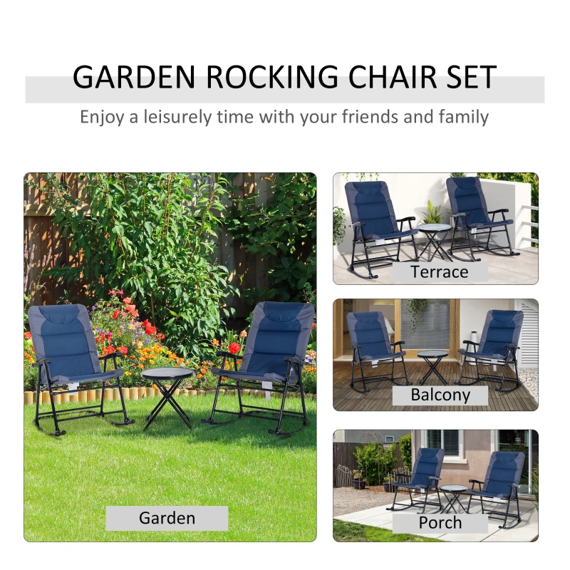 Outsunny 3pc Patio Foldable Rocking Chair Set, Outdoor Rocking Chairs and Table Bistro Set w/ Padded Seat, Headrest, Backrest for park, backyard, garden, Blue