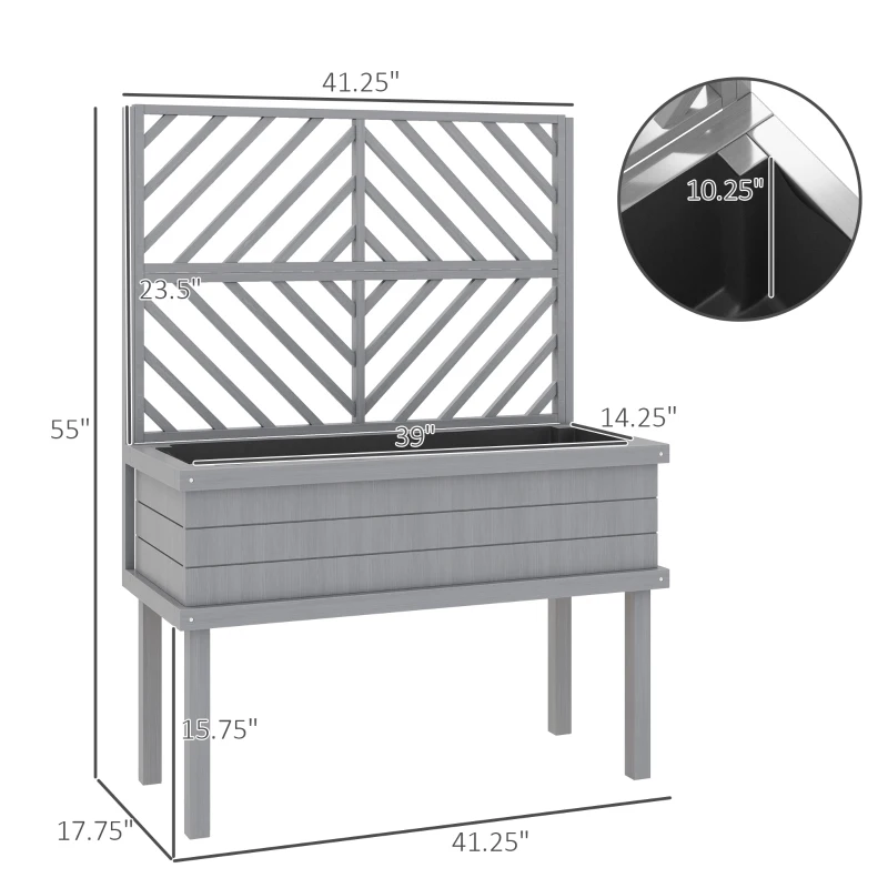 Outsunny Elevated Wood Planter with Trellis for Climbing Plants, Raised Garden Bed with Legs and Drainage Holes, Gray