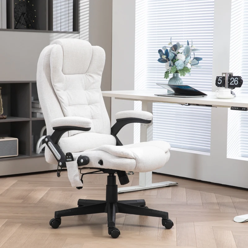HOMCOM 6 Point Vibrating Massage Office Chair with Heat, Linen High Back Massage Desk Chair with Reclining Backrest, White(m-2)