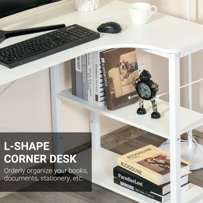 HOMCOM L-Shaped Computer Desk Home Office Corner Desk Study with Wide Desktop, 2 Side Shelves, Steel Frame, White