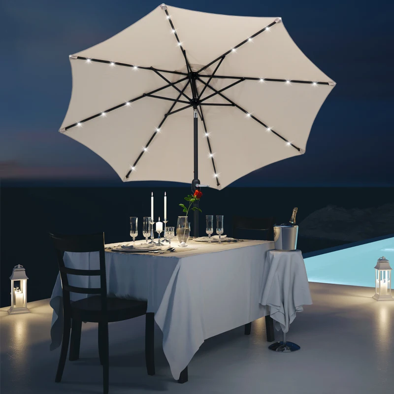 Outsunny 8.8ft Solar Patio Umbrella Outdoor Sunshade 24 LED Lights Tilt Canopy Cream