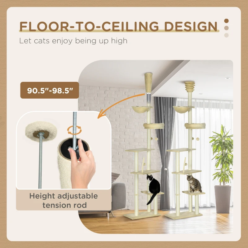 PawHut Floor to Ceiling Cat Tree, Cat Climbing Tower with Platforms, Bed, Hammock, Scratching Posts, Toy Balls, Beige