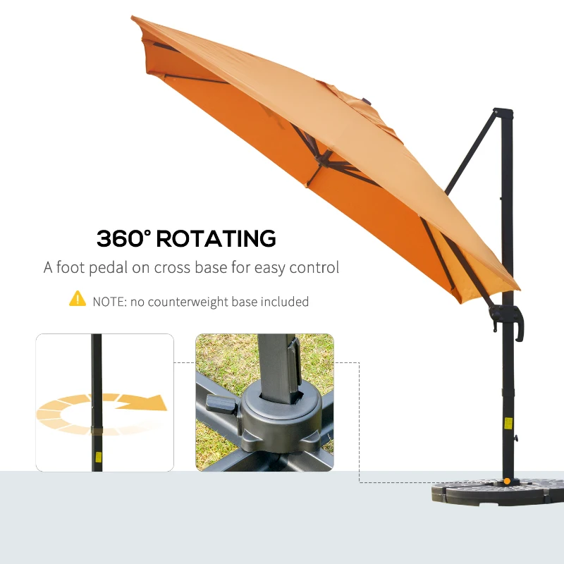 Outsunny 9.8x9.8ft Cantilever Umbrella Rotatable Square Top Market Parasol with 4 Adjustable Angle for Backyard Patio Outdoor Area Orange