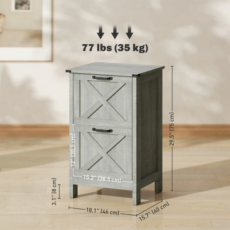 HOMCOM Vertical Filing Cabinet with 2 Drawers, Rustic Farmhouse Office Storage Cabinet for A4, Letter Size, Stone Grey