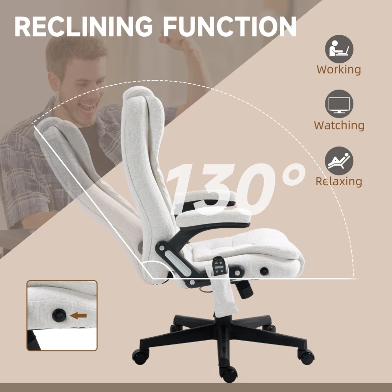 HOMCOM 6 Point Vibrating Massage Office Chair with Heat, Linen High Back Massage Desk Chair with Reclining Backrest, White(m-6)