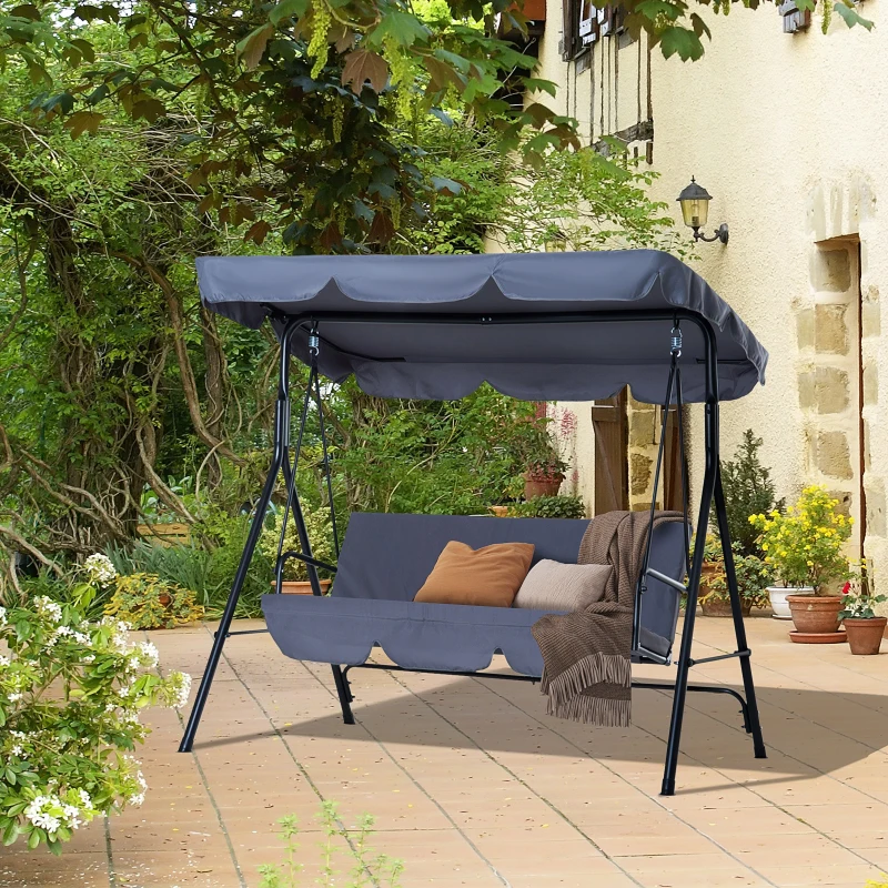 Outsunny 3-Seat Outdoor Patio Swing Chair with Removable Cushion, Steel Frame Stand and Adjustable Tilt Canopy for Patio, Garden, Poolside, Balcony, Backyard, Gray