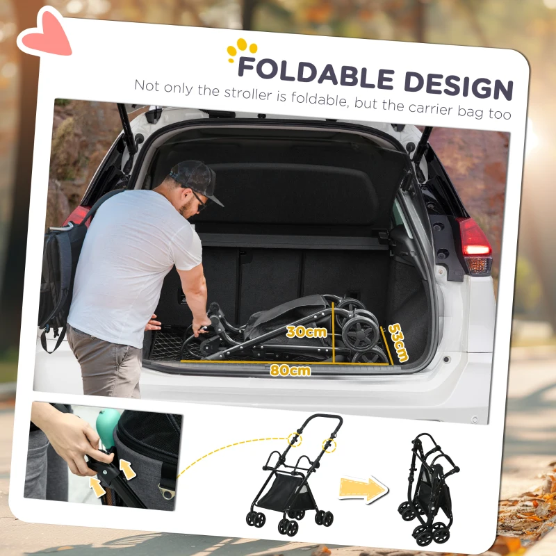 PawHut 2 in1 Foldable Pet Stroller and Detachable Travel Carriage with Lockable Wheels, Adjustable Handlebar Canopy and Zippered Mesh Window Grey