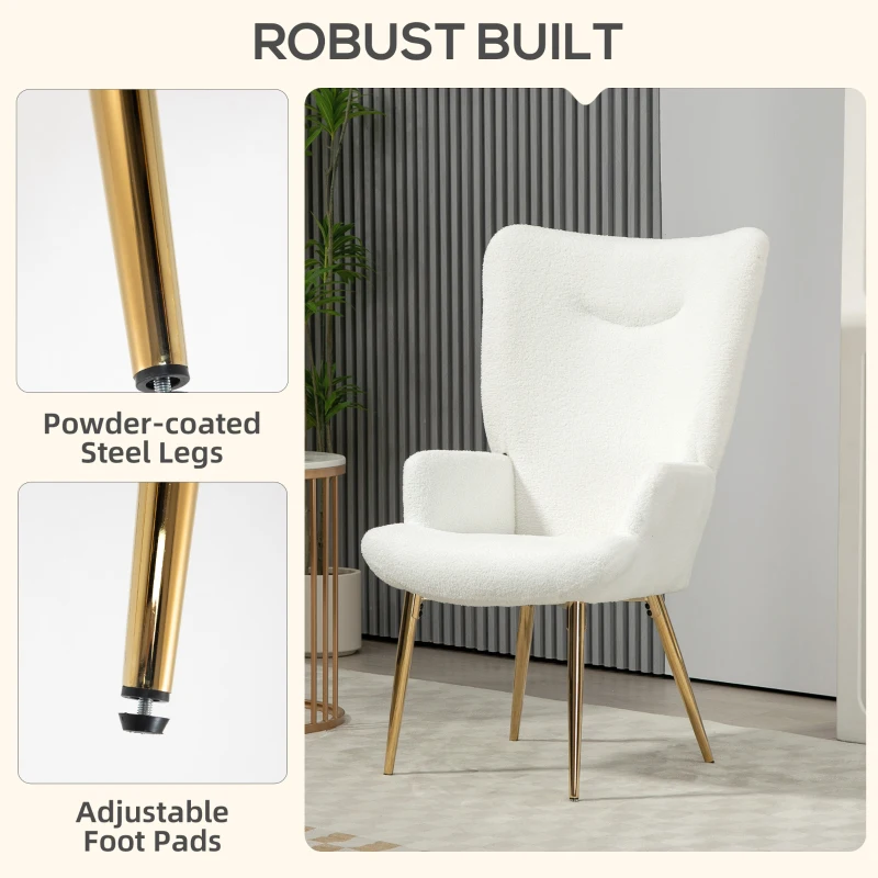 HOMCOM Modern Accent Armchair, Sherpa Boucle Lounge Chair with Metal Legs for Living Room, Bedroom, White