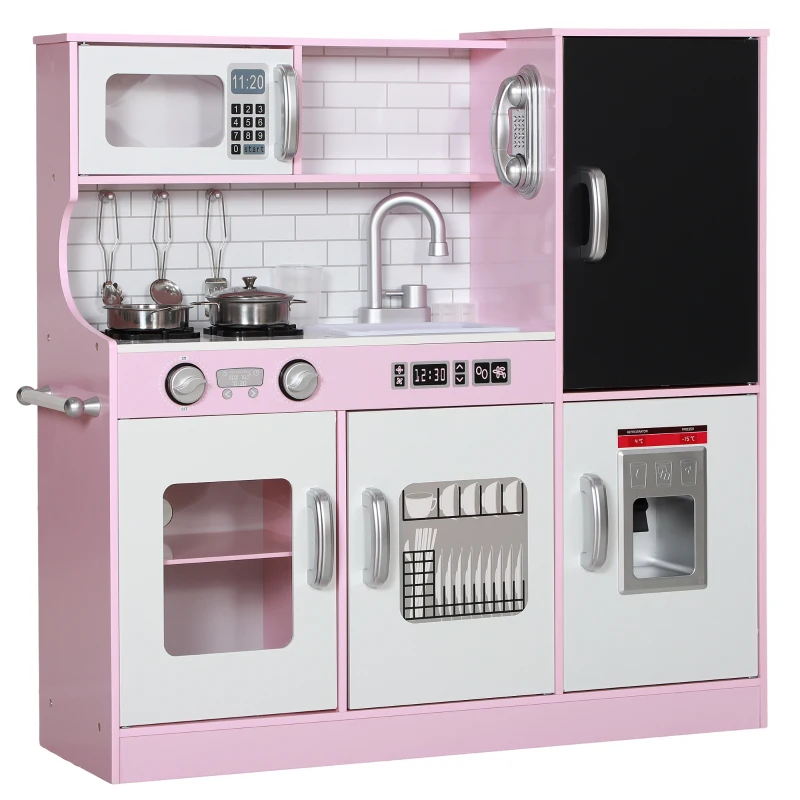 Qaba Play Kitchen for Kids, Kids Kitchen Playset w/ Chalkboard, Ice Maker, Play Phone, Sink, Microwave