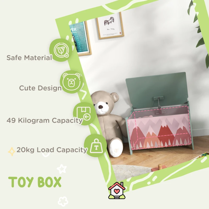 Qaba Toy Box, Kids Storage Chest with Lid, Safety Hinges and Groove Handles, Toy Storage Organizer with Mountain Pattern for Boys, Girls, Green