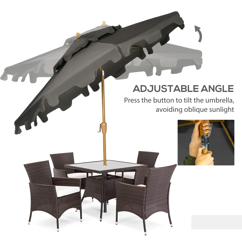 Outsunny 9' Patio Umbrella with Push Button Tilt and Crank, Double Top Ruffled Outdoor Market Table Umbrella with 8 Ribs, for Garden, Deck, Pool, Gray