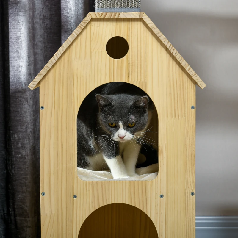 PawHut Cat Tree for Indoor Cats with Scratching Posts, Double-Layer House, 32" x 16" x 53", Natural