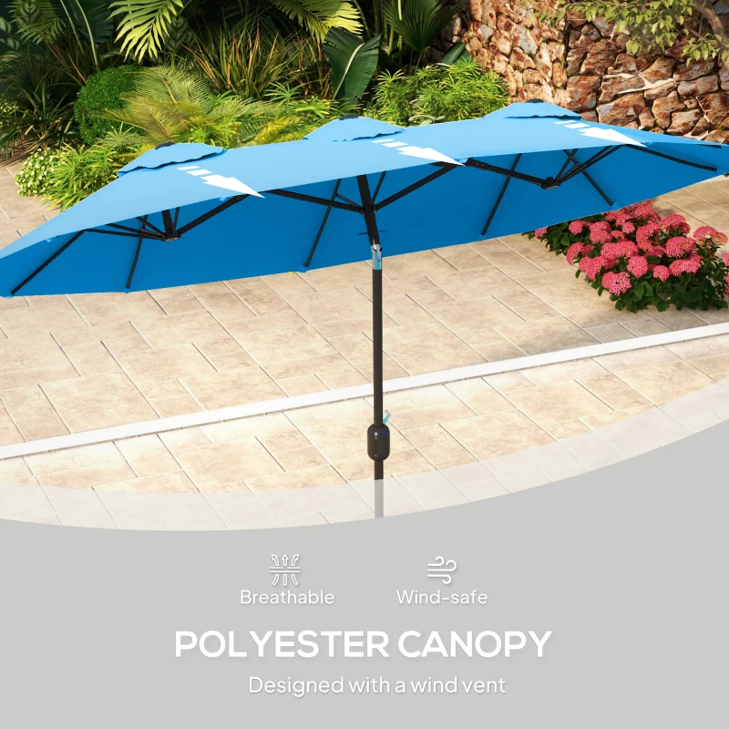 Outsunny Double-sided Patio Umbrella, 9.5' Outdoor Umbrella with Push Button Tilt and Crank, 3 Air Vents and 12 Ribs, Cyan Blue