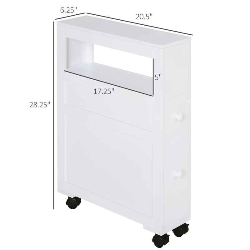 HOMCOM 6.25" x 20.5" x 28.25" Wood Rolling Narrow Bathroom Side Storage Cabinet - White