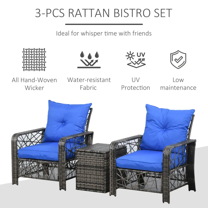 Outsunny 3 Pieces Wicker Patio Furniture Set, Rattan Bistro Set with Storage Coffee Table and Thickened Cushions, Outdoor Conversation Set for Garden, Porch, Balcony, Blue