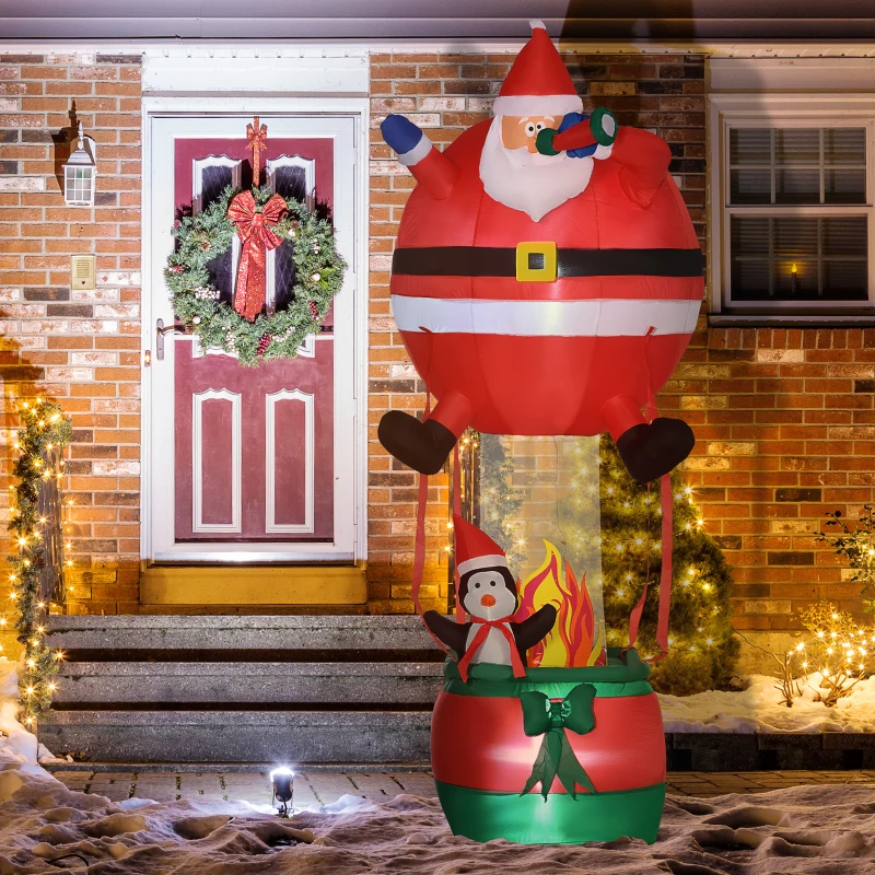 Outsunny 8ft Christmas Inflatables Outdoor Decorations Santa Claus Hot Air Balloon with Penguin, Blow-Up LED Yard Christmas Decor for Lawn Garden Party
