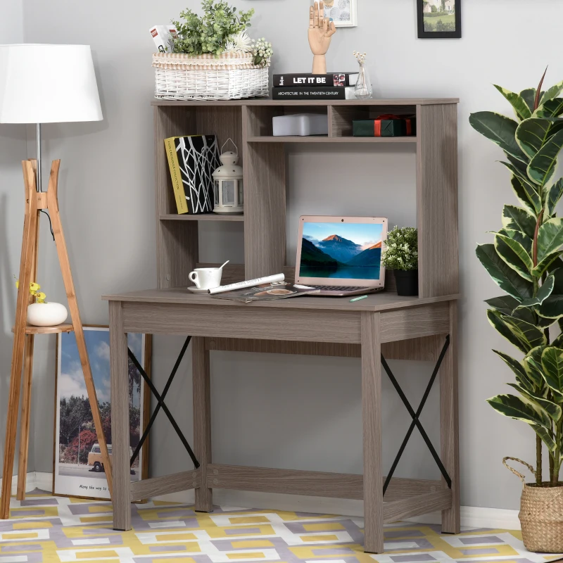 HOMCOM Computer Desk with Hutch, Home Office Table with Storage Shelves and Open Compartments for Writing, Work, Brown