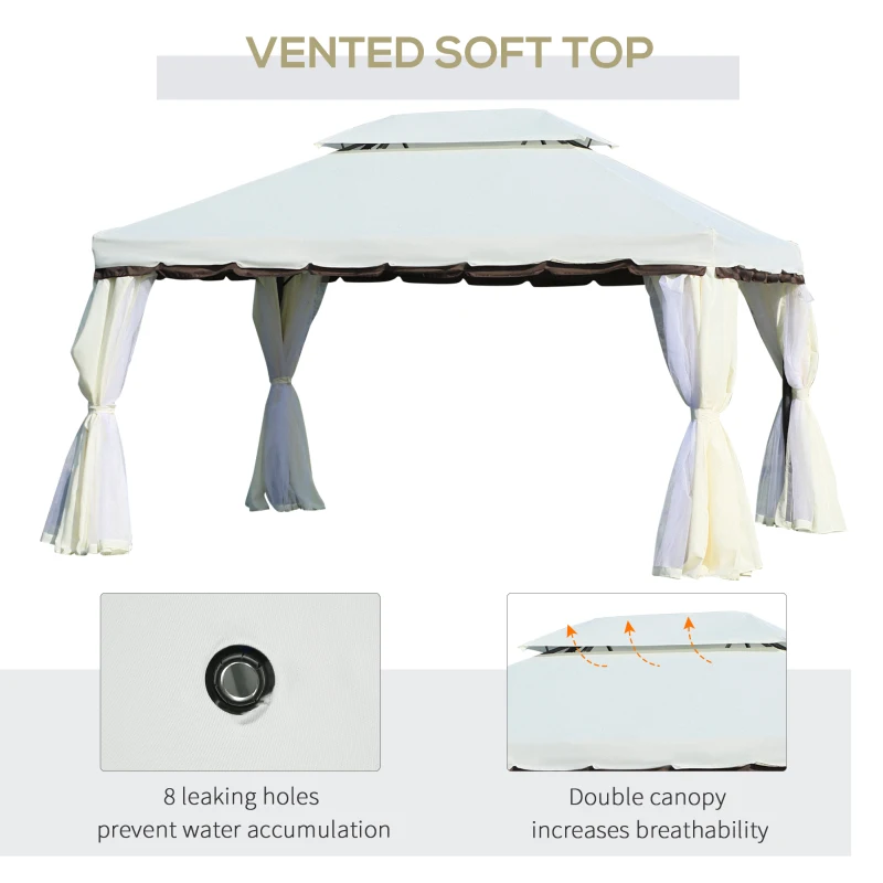 Outsunny 13' x 10' Outdoor Patio Gazebo Canopy with 2-Tier Polyester Roof, Vented Mesh Sidewall & Strong Aluminum Frame, Cream White