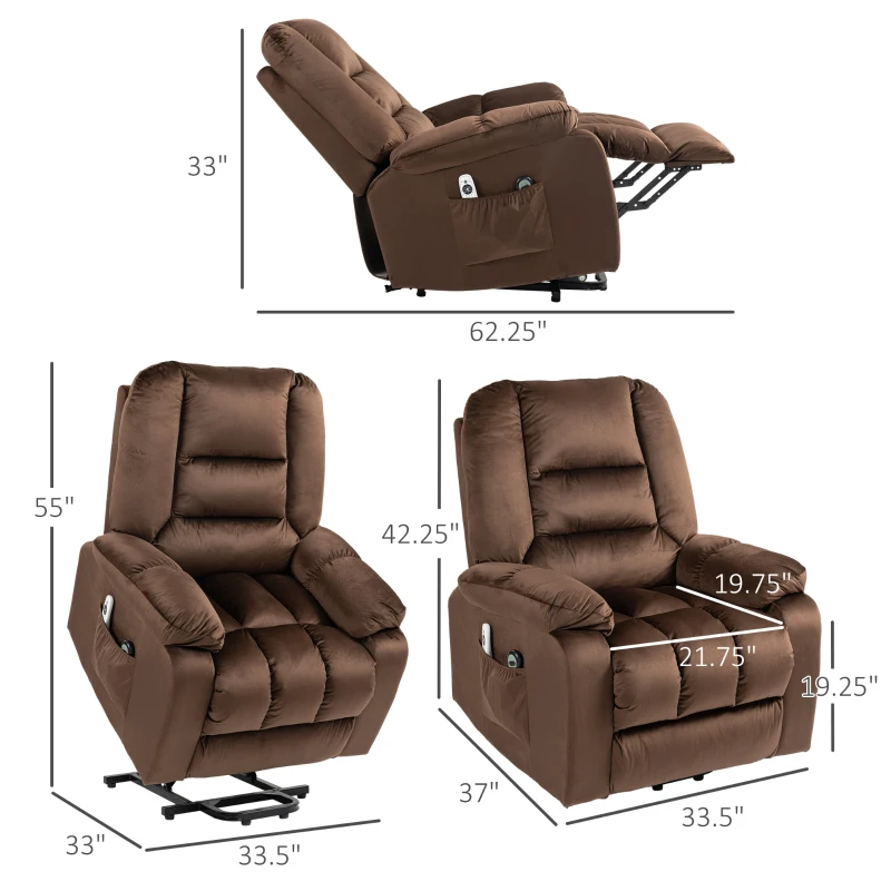 HOMCOM Lift Chair, Quick Assembly, Electric Riser and Recliner Chair with Vibration Massage, Heat, Side Pockets, Brown