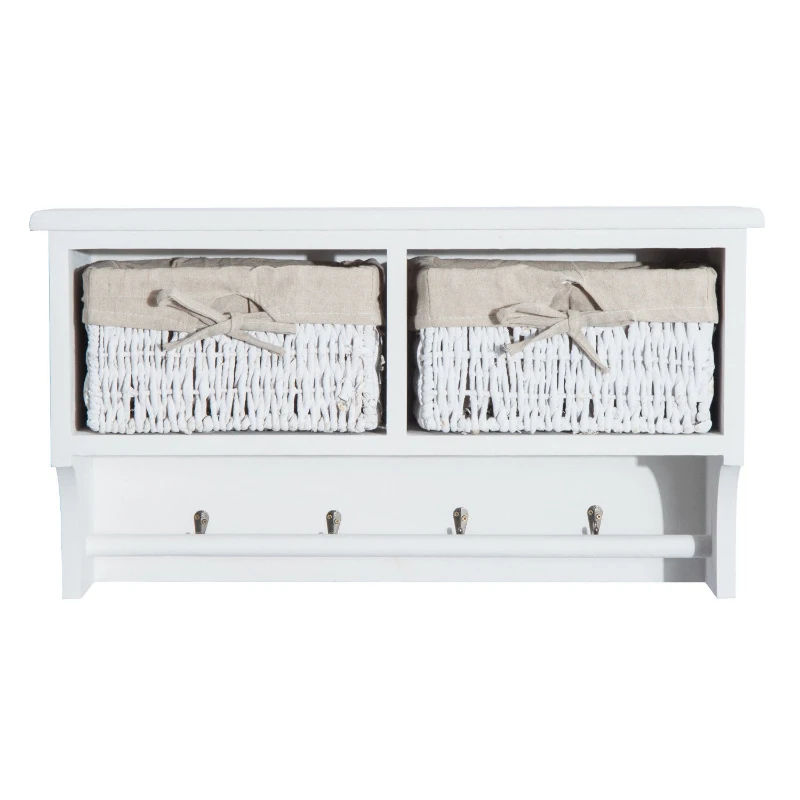 HomCom Rustic Country Floating Storage Shelf With Coat Hooks And 2 Removable Baskets - White