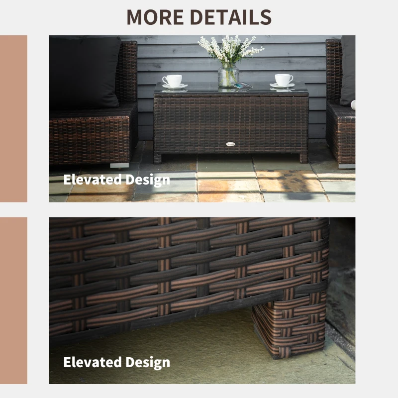 Outsunny Rattan Wicker Coffee Table with Glass Top Outdoor Garden Patio Furniture Brown Tempered