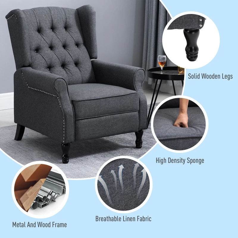 HOMCOM Fabric Upholstered Wingback Recliner, Tufted Push Back Accent Chair, Linen Arm Chair with Footrest, Armrest, Padded Cushion, Dark Grey