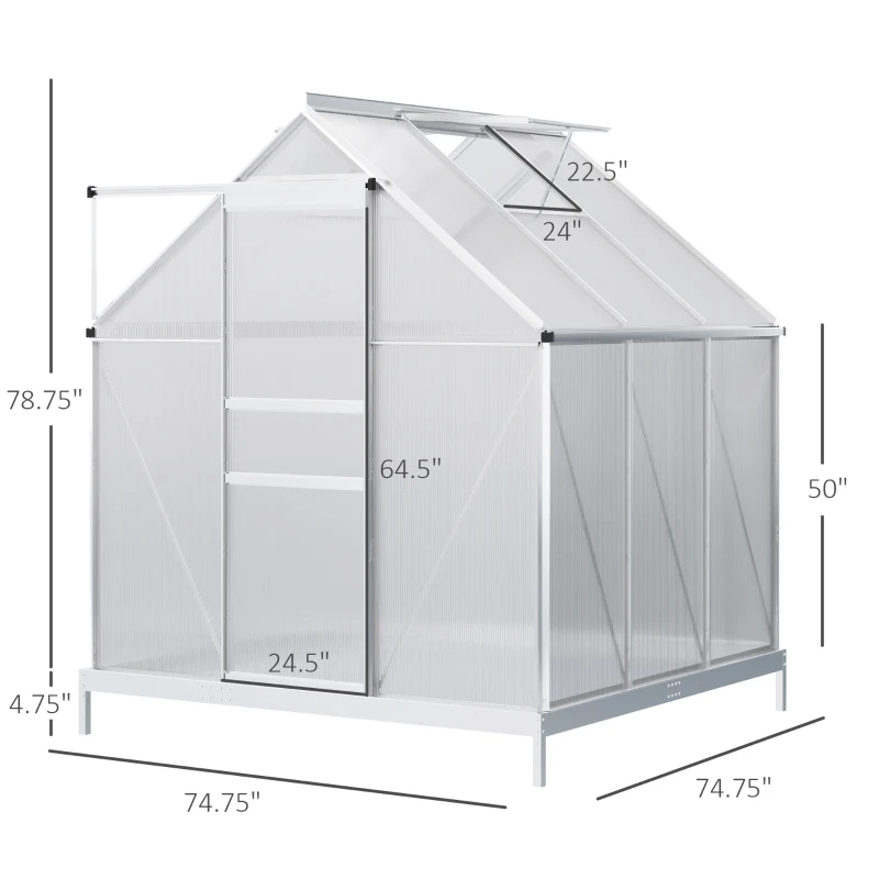 Outsunny 6' x 6' x 6.5' Polycarbonate Greenhouse with Aluminum Frame, Walk-in Heavy Duty Green House with Adjustable Roof Vent, Rain Gutter and Sliding Door for Winter, Silver