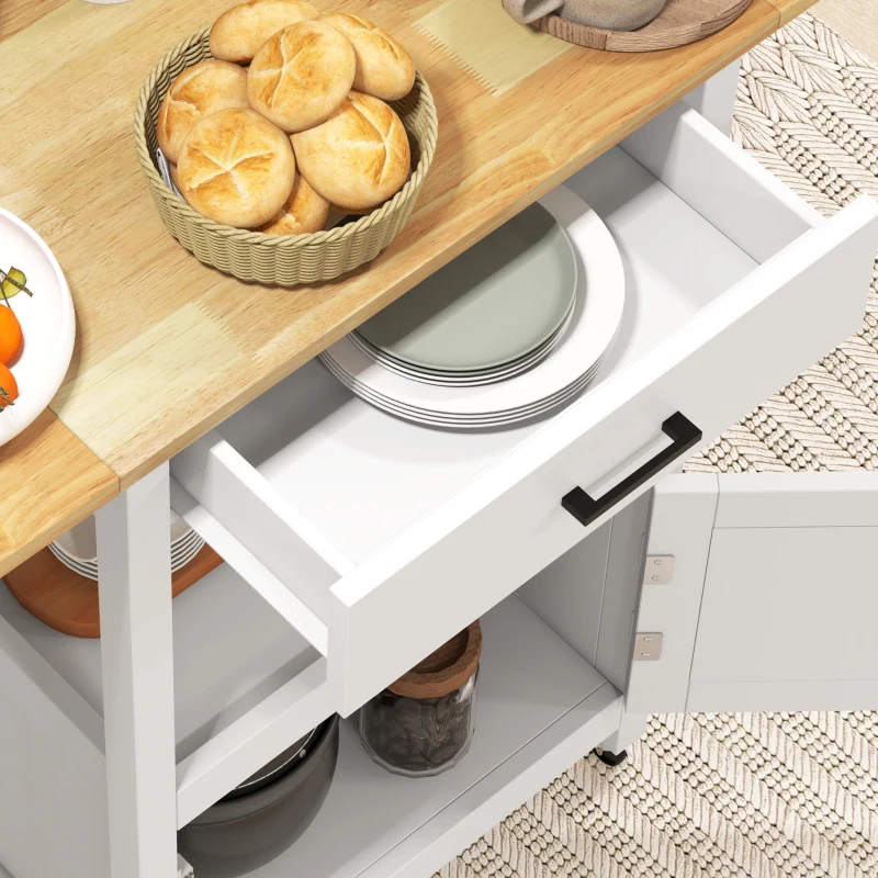 HOMCOM Foldable Kitchen Island with Storage Drawer, Wood Top Coffee Cart on Wheels, Kitchen Cart with Cabinet, White