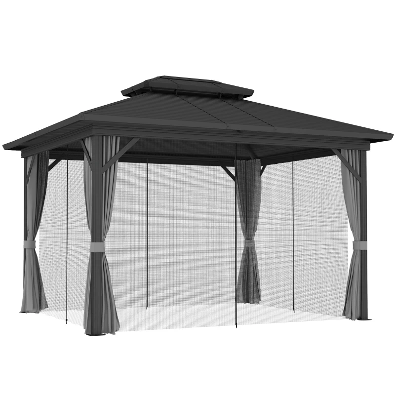 Outsunny 10' x 12' Hardtop Gazebo, Sun Shelter with Double Tier Metal Roof, Mosquito Netting, and Hanging Hook, Light Grey