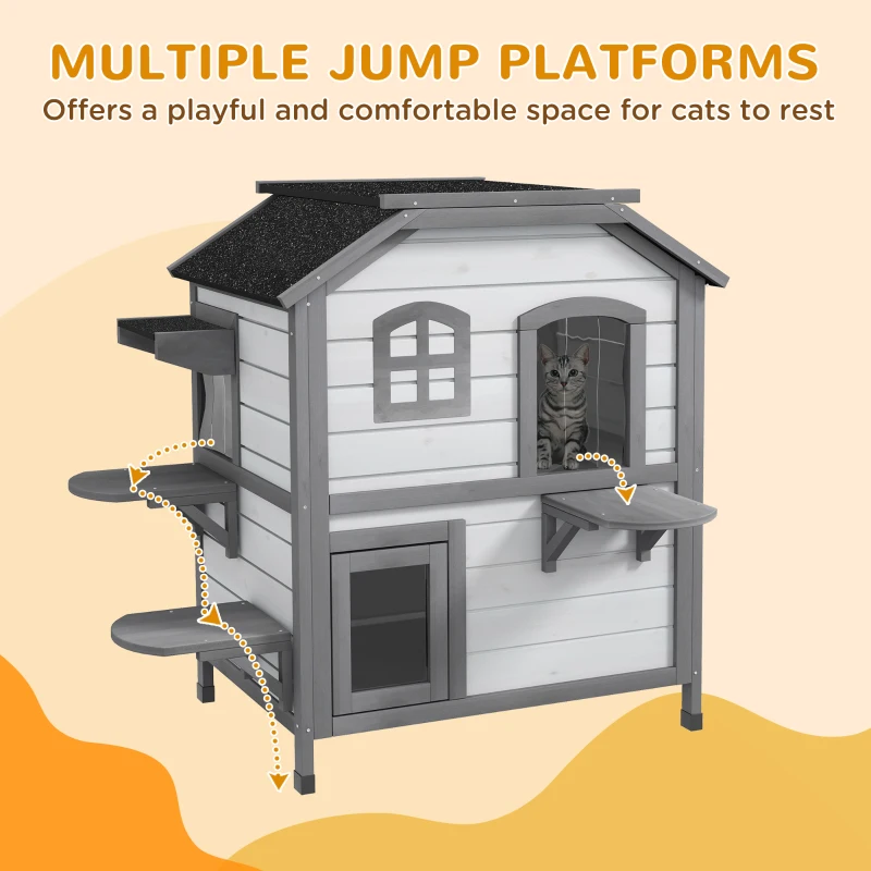 PawHut 2-story Cat House Outdoor, Weatherproof Wooden Cat Enclosure for Feral Cats with Escape Door, Openable Roof, Jumping Platforms, White