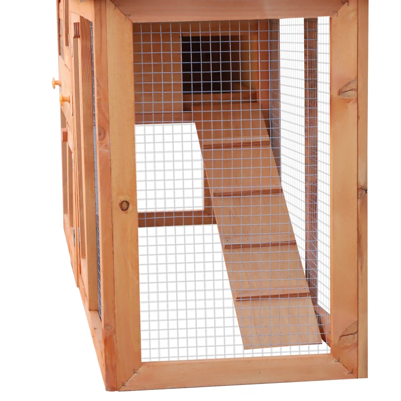 PawHut Two-Level Rabbit Hutch Small Animal House Pet Bunny Cage Home w/ Outdoor Run Water & UV Resistant Roof Access Ramp Natural Finish Guinea Pig Bunny Hamster Habitat