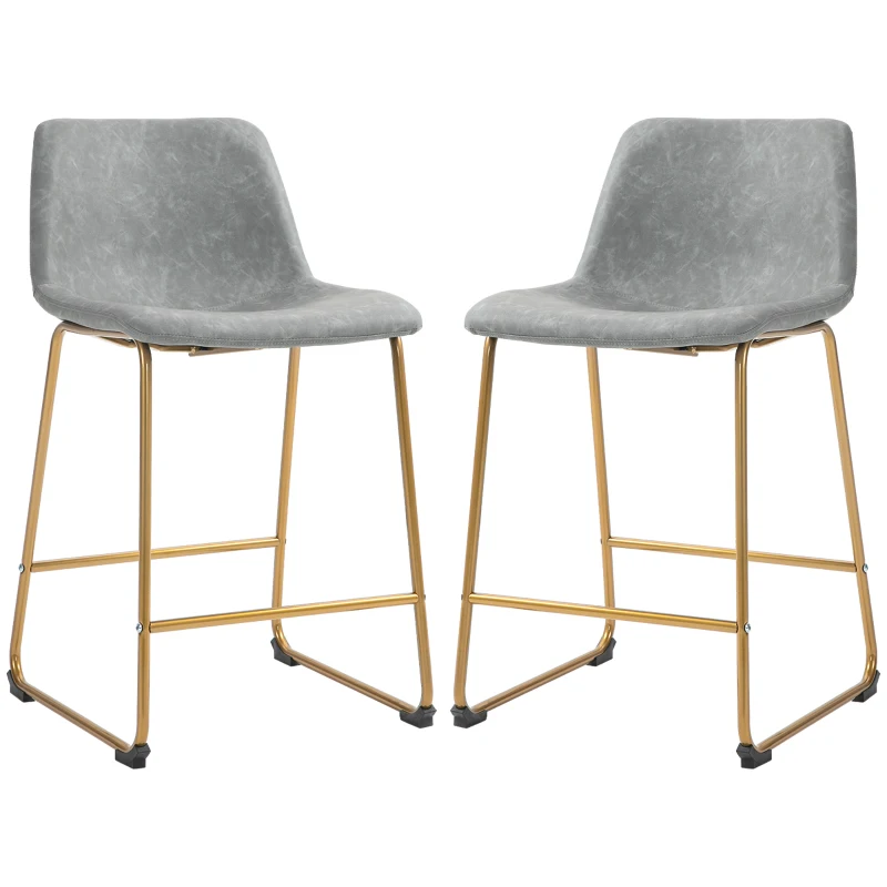 HOMCOM Counter Height Stools Set of 2, PU Leather Upholstered Stools for Kitchen Island, Modern Bar Chairs, Light Grey