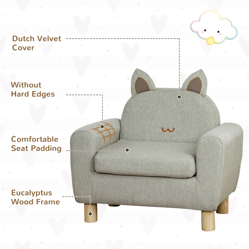 Qaba Kids Sofa Chair Seat with Kitten Ear Backrest, Grey