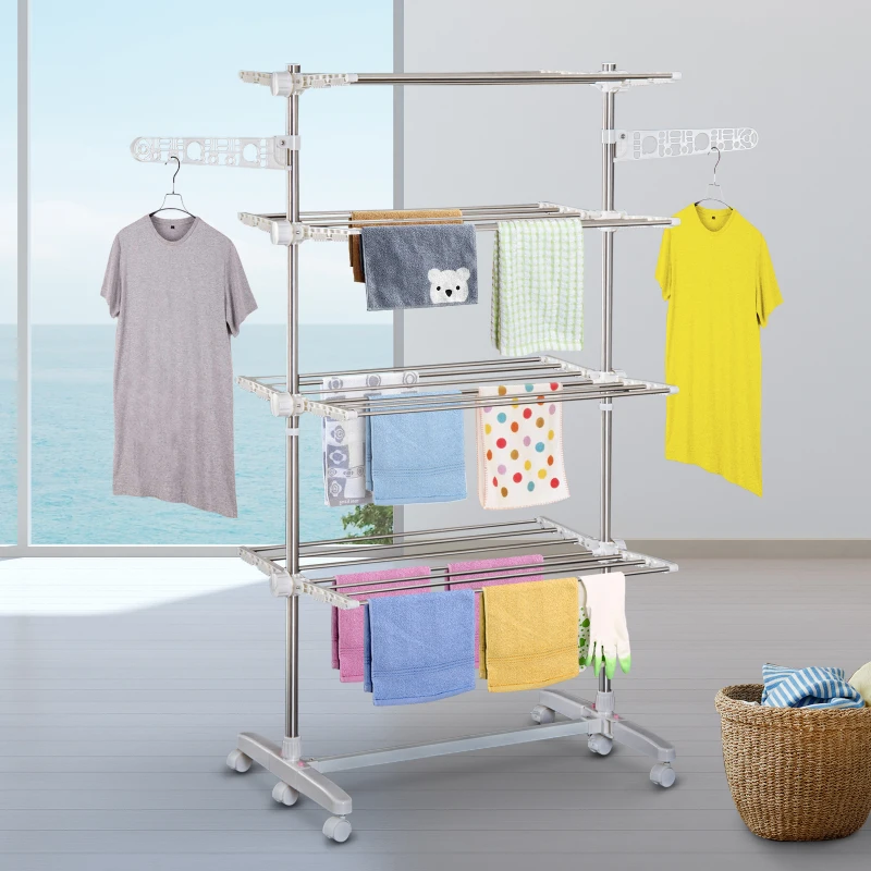 HOMCOM Garment Drying Rack Stainless Steel Folding Clothes Hanging Rack with Side Wings Castors for Indoor Outdoor White